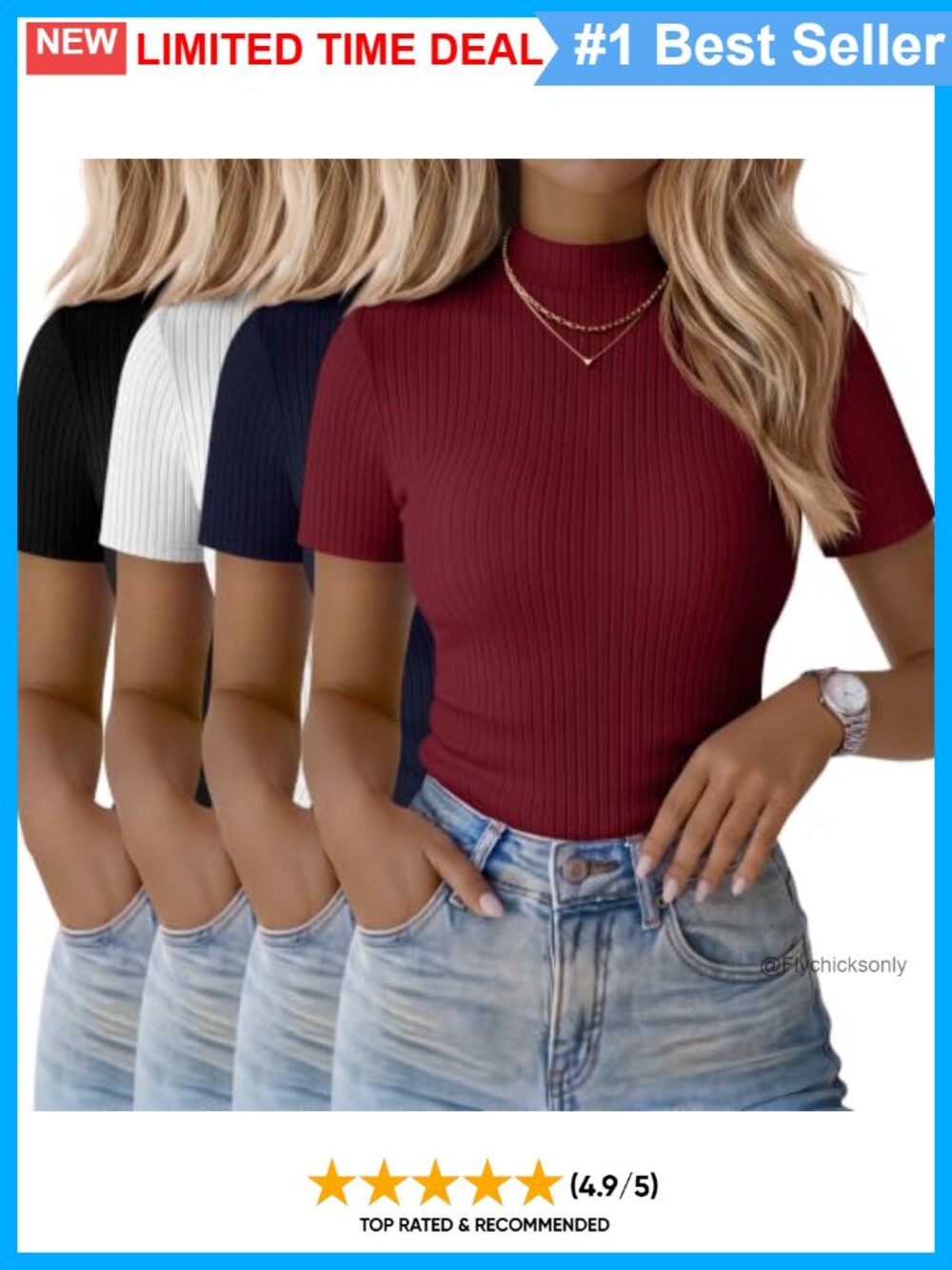 Ficerd 4 Pack Ribbed Mock Neck Short Sleeve Tops